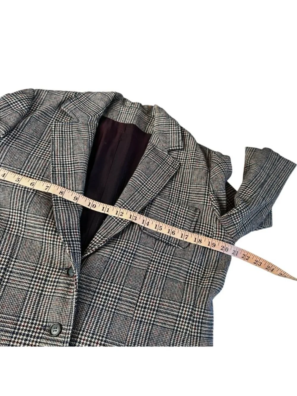 Vintage 70s Houndstooth Plaid Blazer Navy Burgundy Wool Look Tailored Jacket